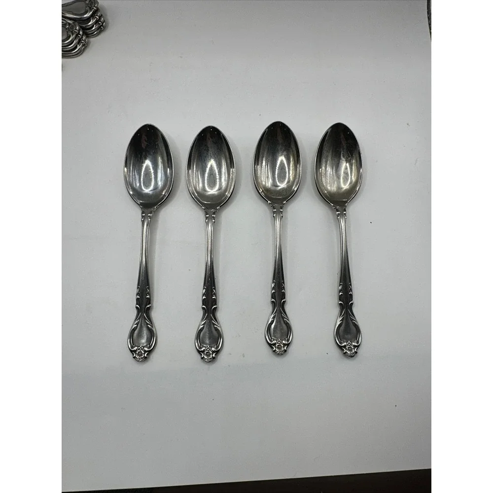 Lyon Stainless Queen's Fancy Teaspoons‎ Set of 4 Floral Flatware Silverware
